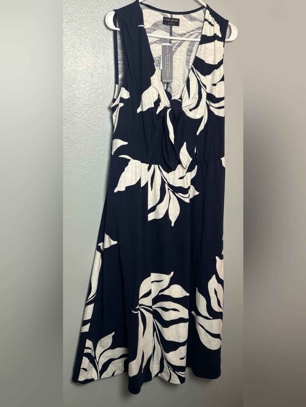 Lane Bryant Sleeveless Tie-Front Midi Dress 14/16 Blue Leaf Empire Waist, NWT